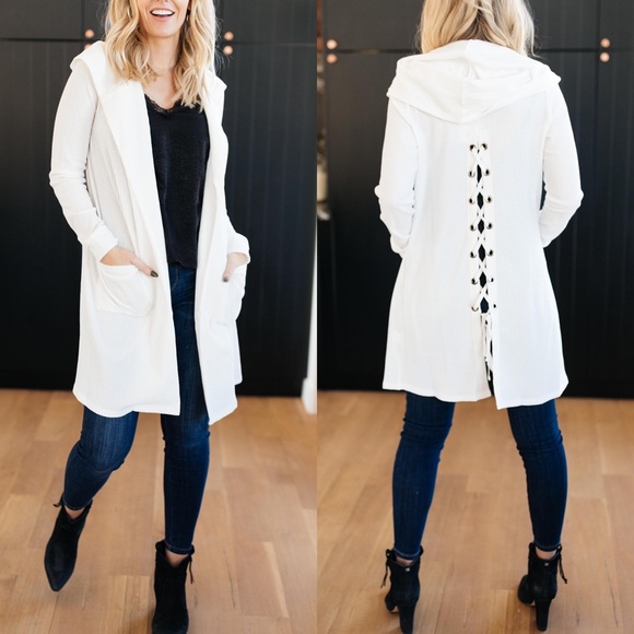 Dash of Pink Sweaters - Hooded and Laced Waffle Knit Cardigan in Off White